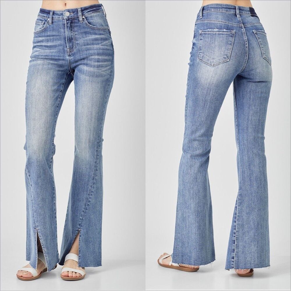 Risen Jeans High Rise Twisted Hem Flare Jeans Size 3/26 Medium Wash Stretch
